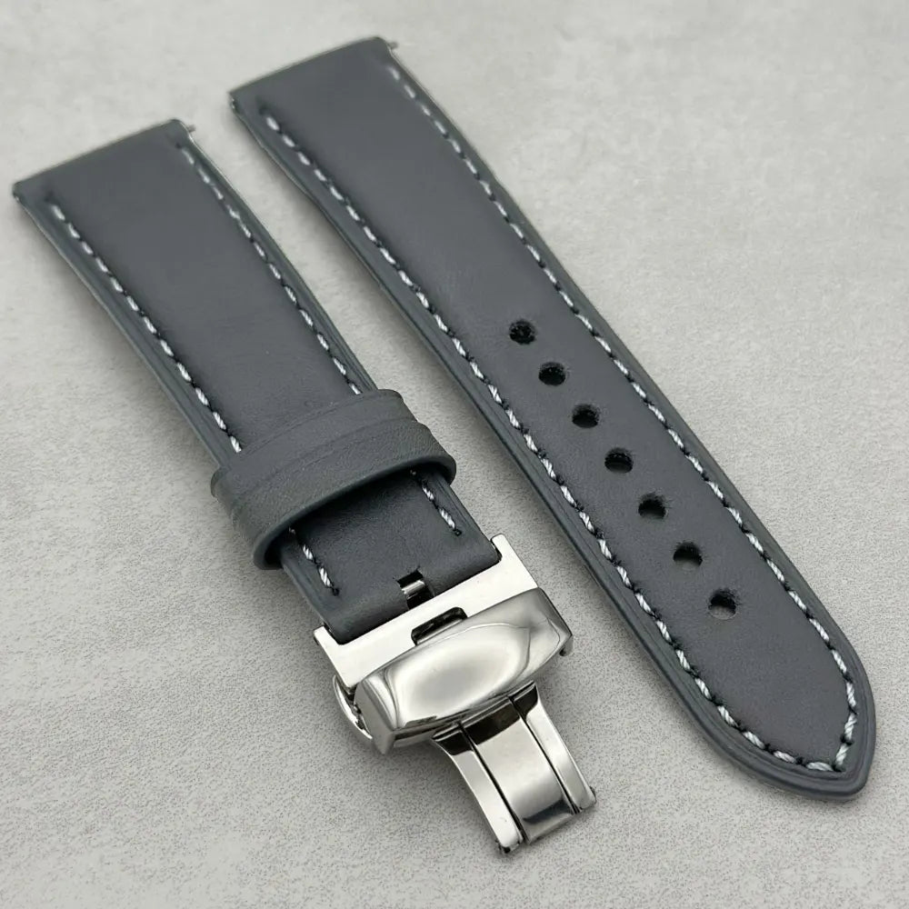 Grey full grain leather watch strap. 18mm, 20mm, 22mm, 24mm. Quick release spring bars. Watch And Strap