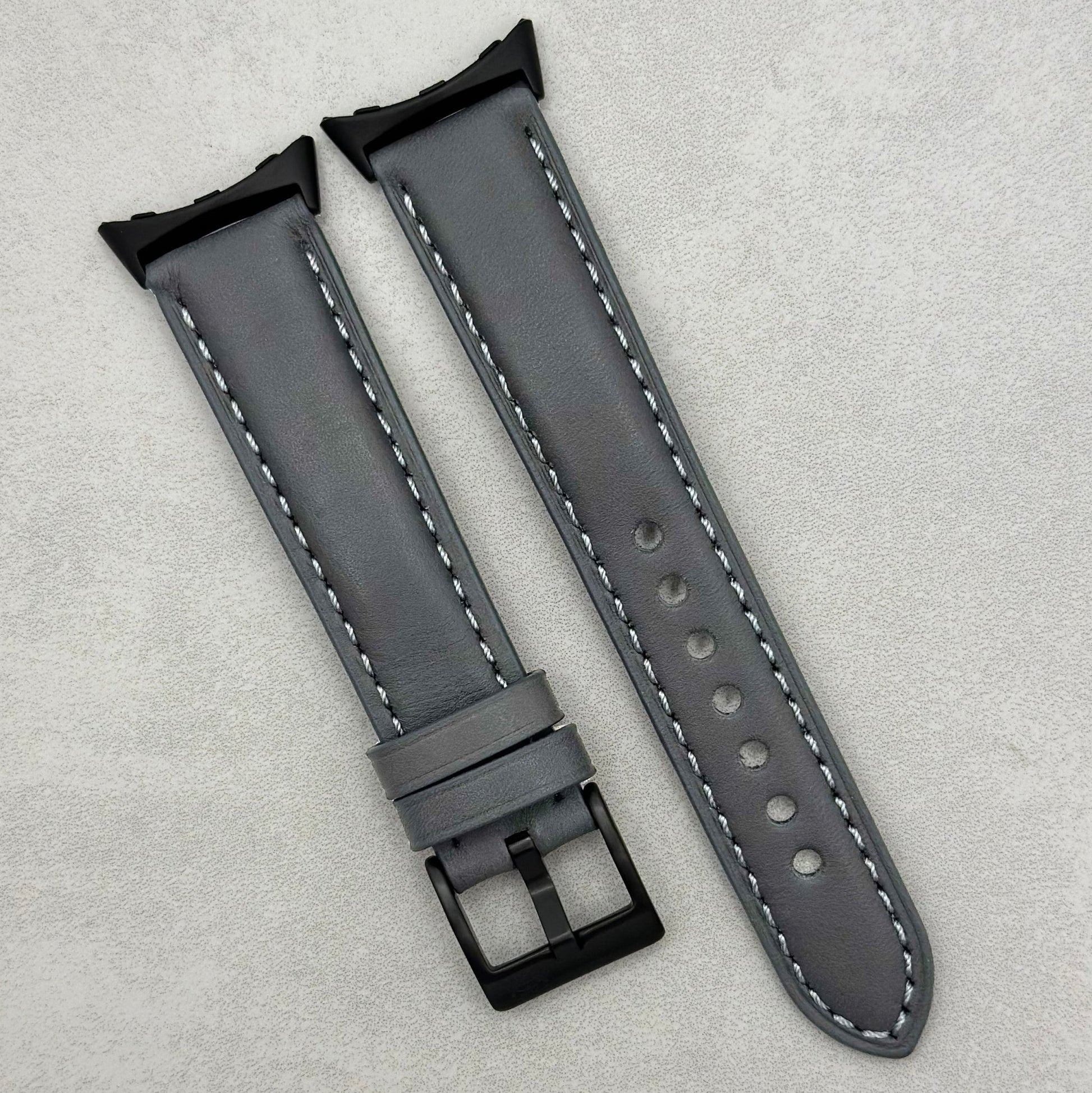 Athens slate grey full grain leather Google Pixel Watch strap. PVD black hardware. Pixel Watch, Pixel Watch 2.