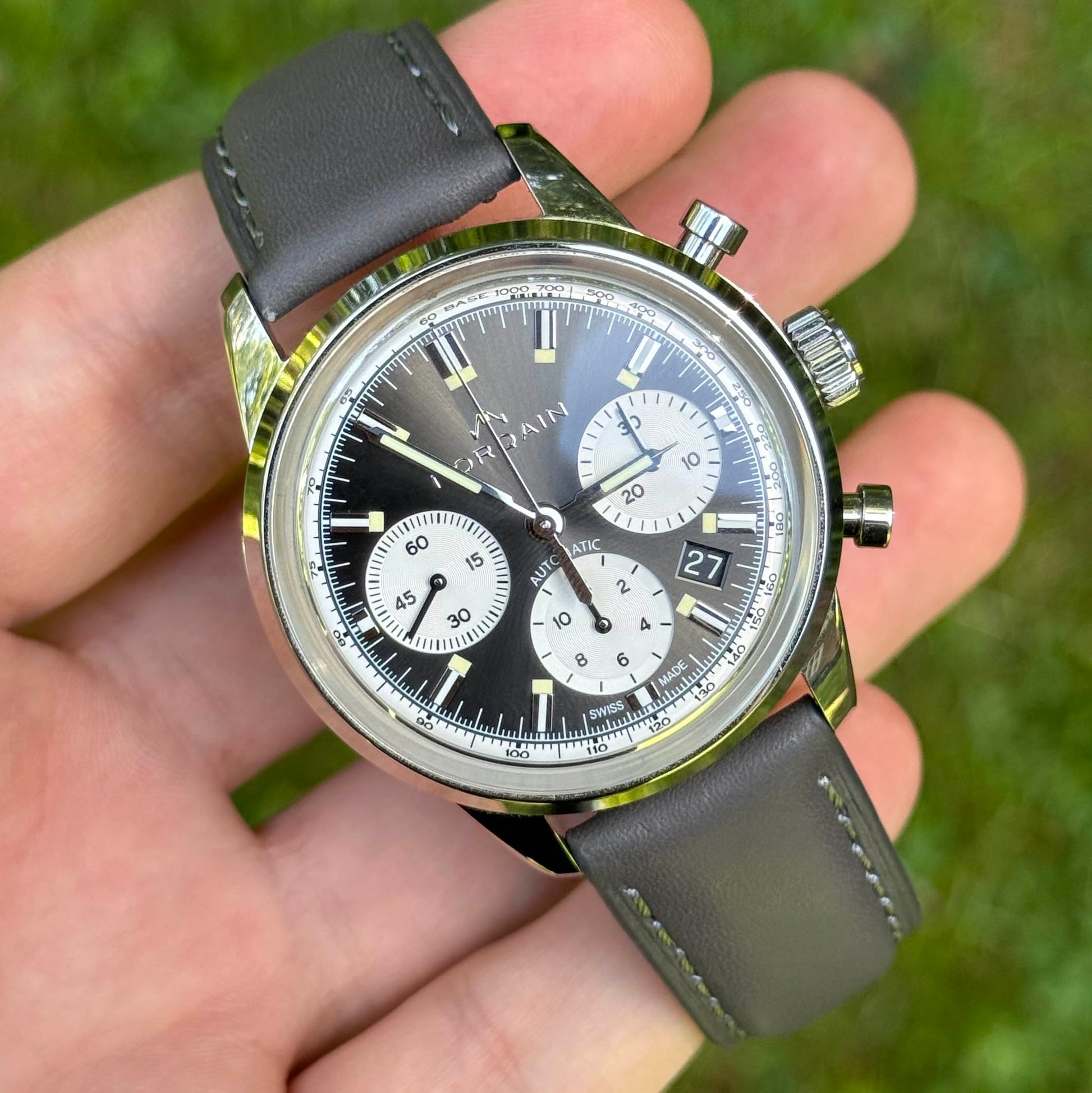 Wrist shot of the Athens grey full grain leather watch strap. 18mm, 20mm, 22mm, 24mm. Watch And Strap
