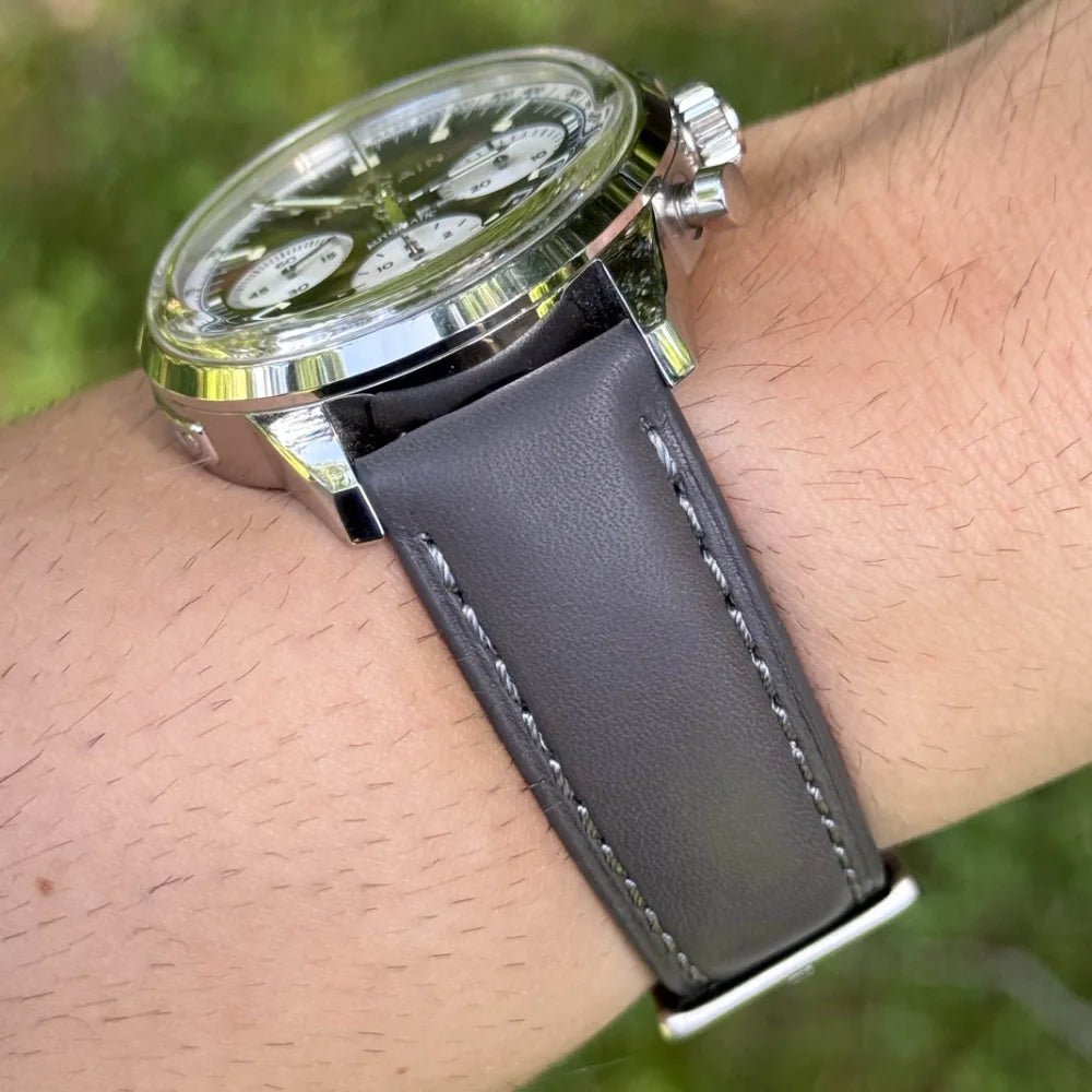 Grey full grain leather watch strap. 18mm, 20mm, 22mm, 24mm. Quick release spring bars. Watch And Strap