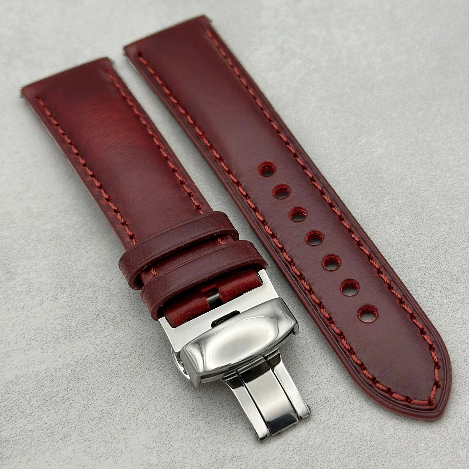 Athens wine red leather Apple Watch strap with polished butterfly clasp. Apple Watch Series 3 4 5 6 7 8 9 10, SE Ultra