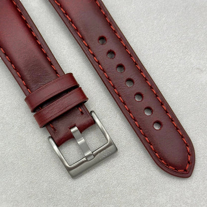 Brushed 316L stainless steel buckle on the Athens wine red full grain leather watch strap. Watch And Strap