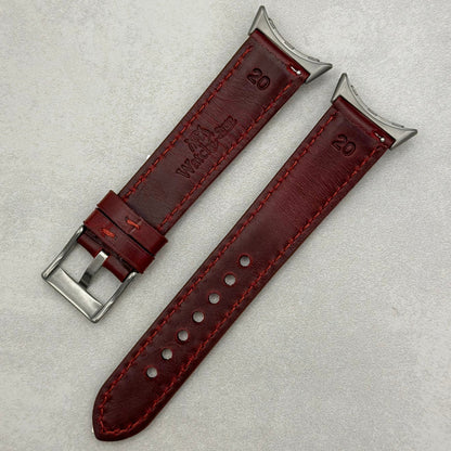 Rear of the Athens wine red full grain leather Google Pixel Watch strap. Watch And Strap
