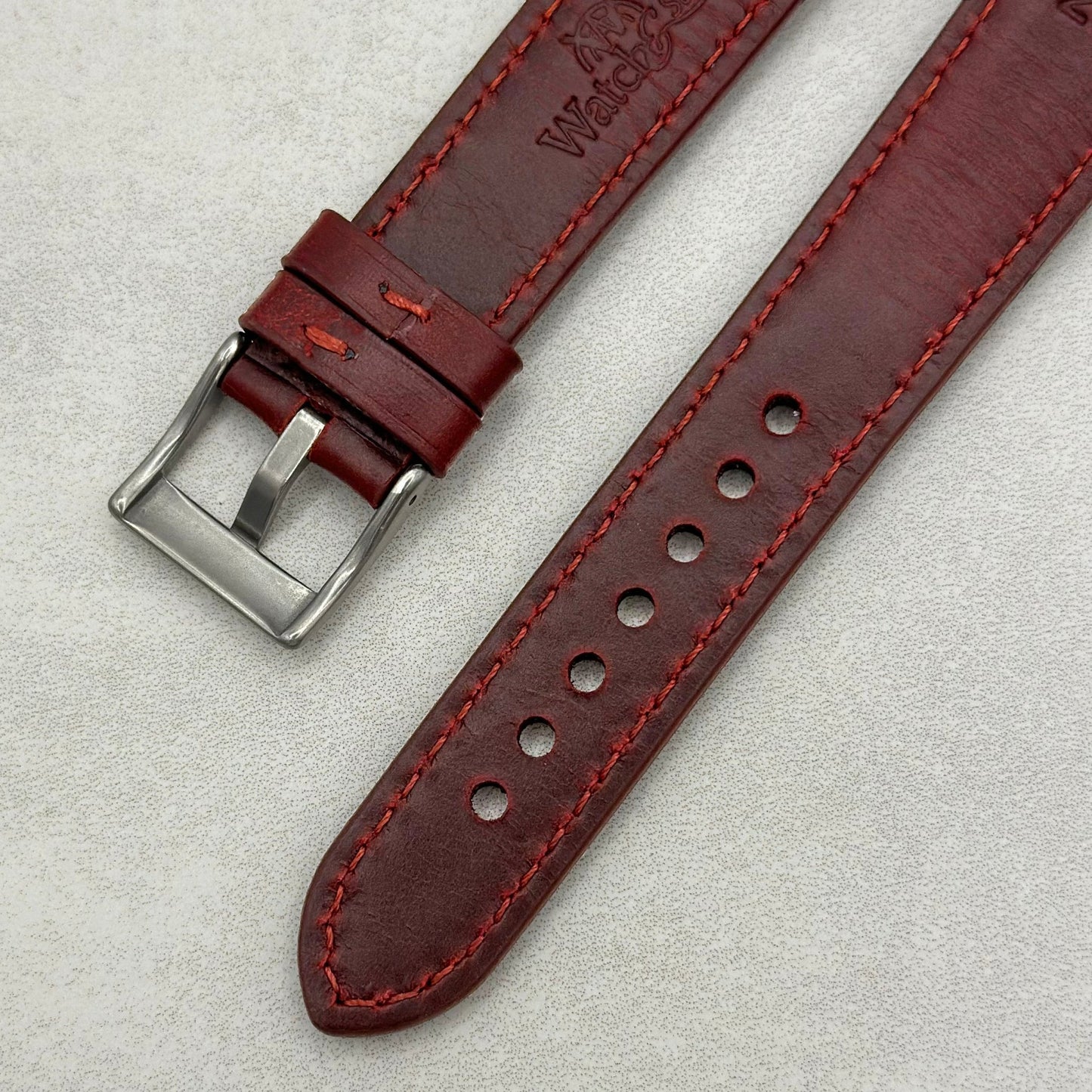 Rear of the Athens wine red full grain leather Google Pixel Watch strap. Watch And Strap