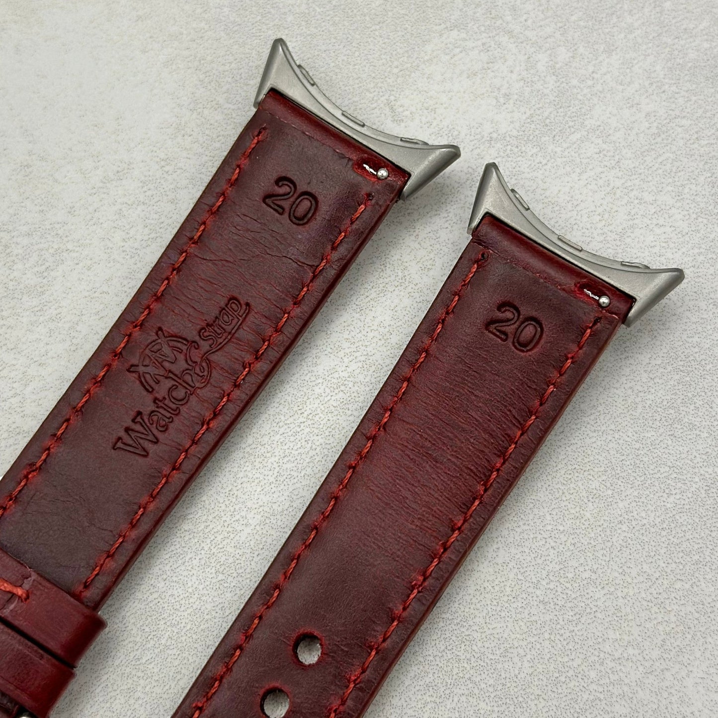 Rear of the Athens wine red full grain leather Google Pixel Watch strap. Watch And Strap