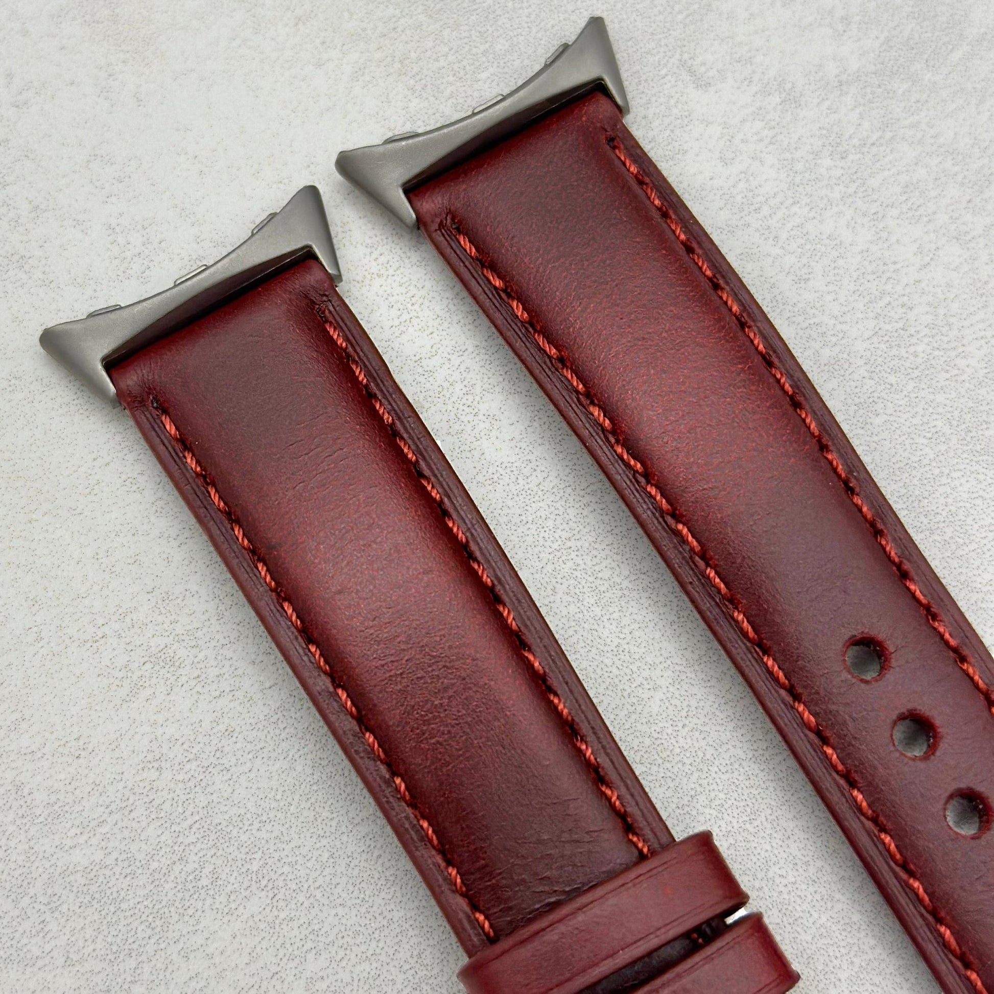 Top of the Athens wine red leather Google Pixel watch strap. Padded leather watch strap. Watch And Strap