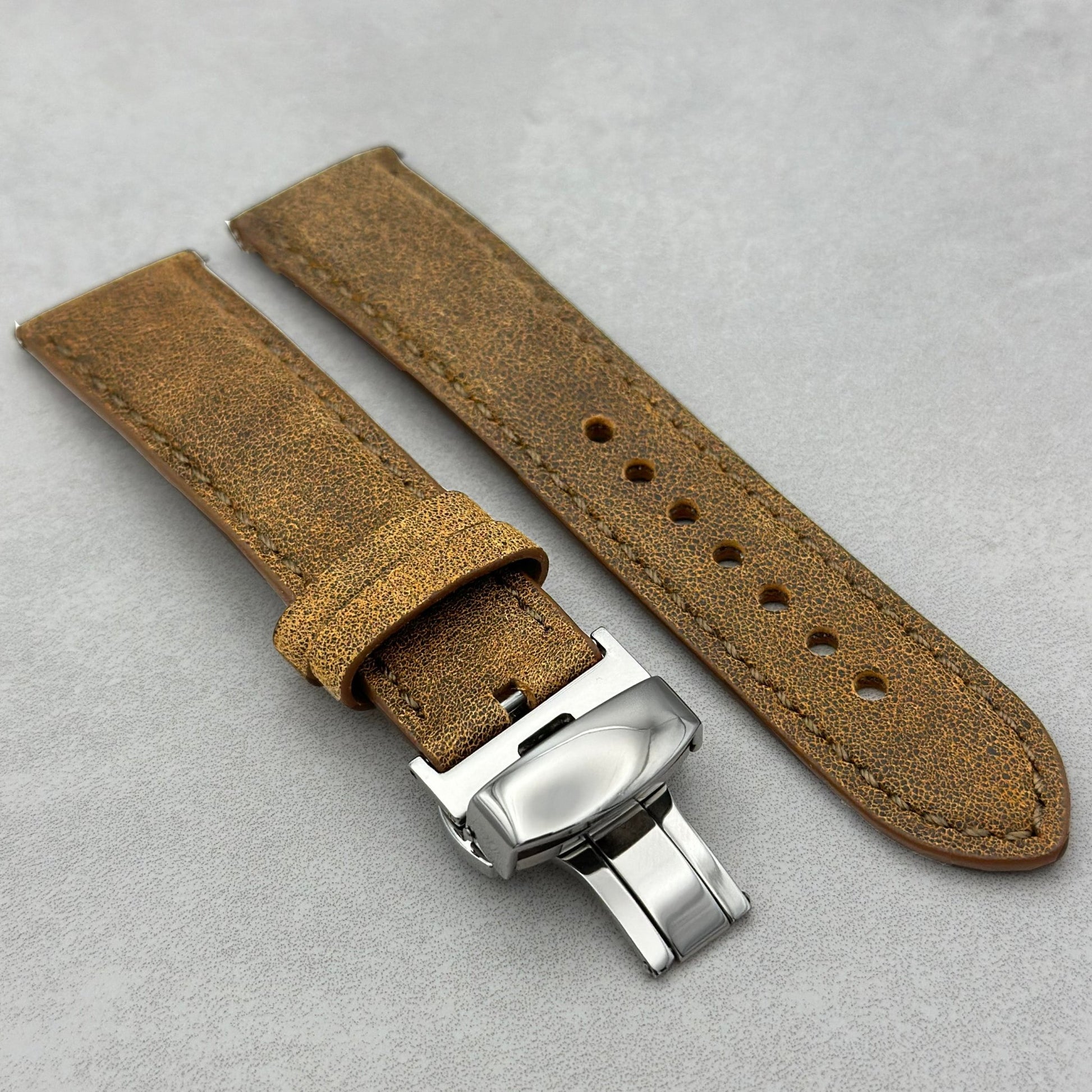 Athens desert sand leather Apple Watch strap with polished butterfly clasp. Apple Watch Series 3 4 5 6 7 8 9 10, SE Ultra