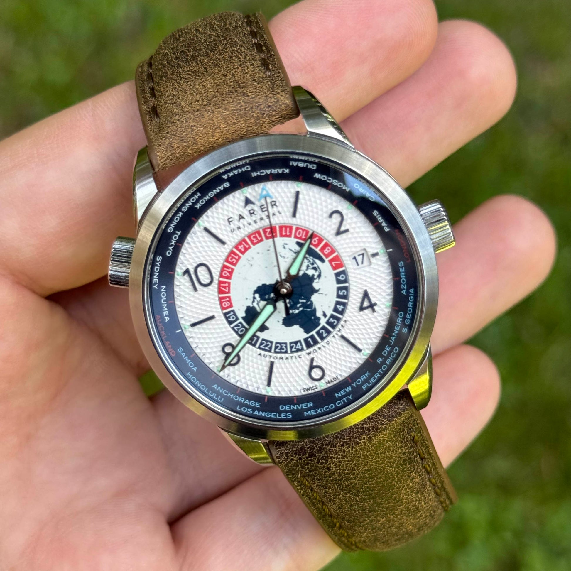 Athens desert sand tan full grain leather watch strap on the Farer Worldtimer. Padded leather strap. 18mm, 20mm, 22mm, 24mm.