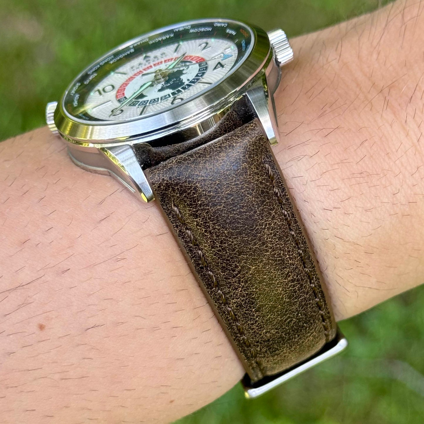 Athens desert sand tan full grain leather watch strap on the Farer Worldtimer. Padded leather strap. 18mm, 20mm, 22mm, 24mm.