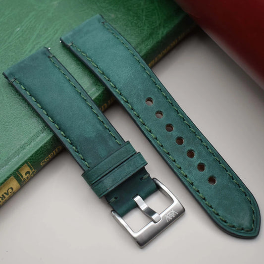 Green full grain leather watch strap. 18mm, 20mm, 22mm, 24mm. Quick Release. Watch And Strap.