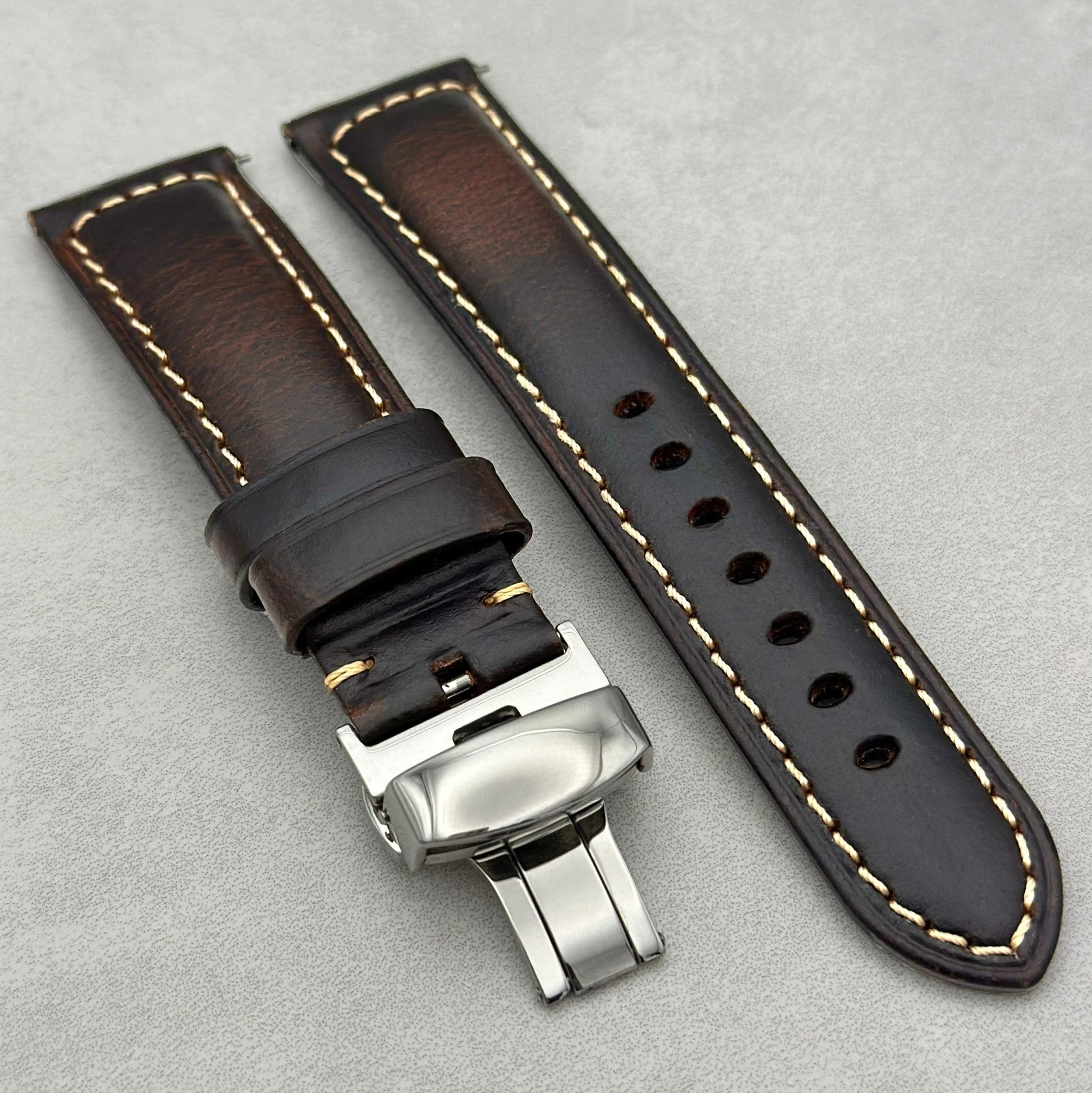 Berlin brown leather Watch Strap. Polished Butterfly Clasp. Quick Release Pins. 18mm, 20mm, 22mm, 24mm Watch And Strap