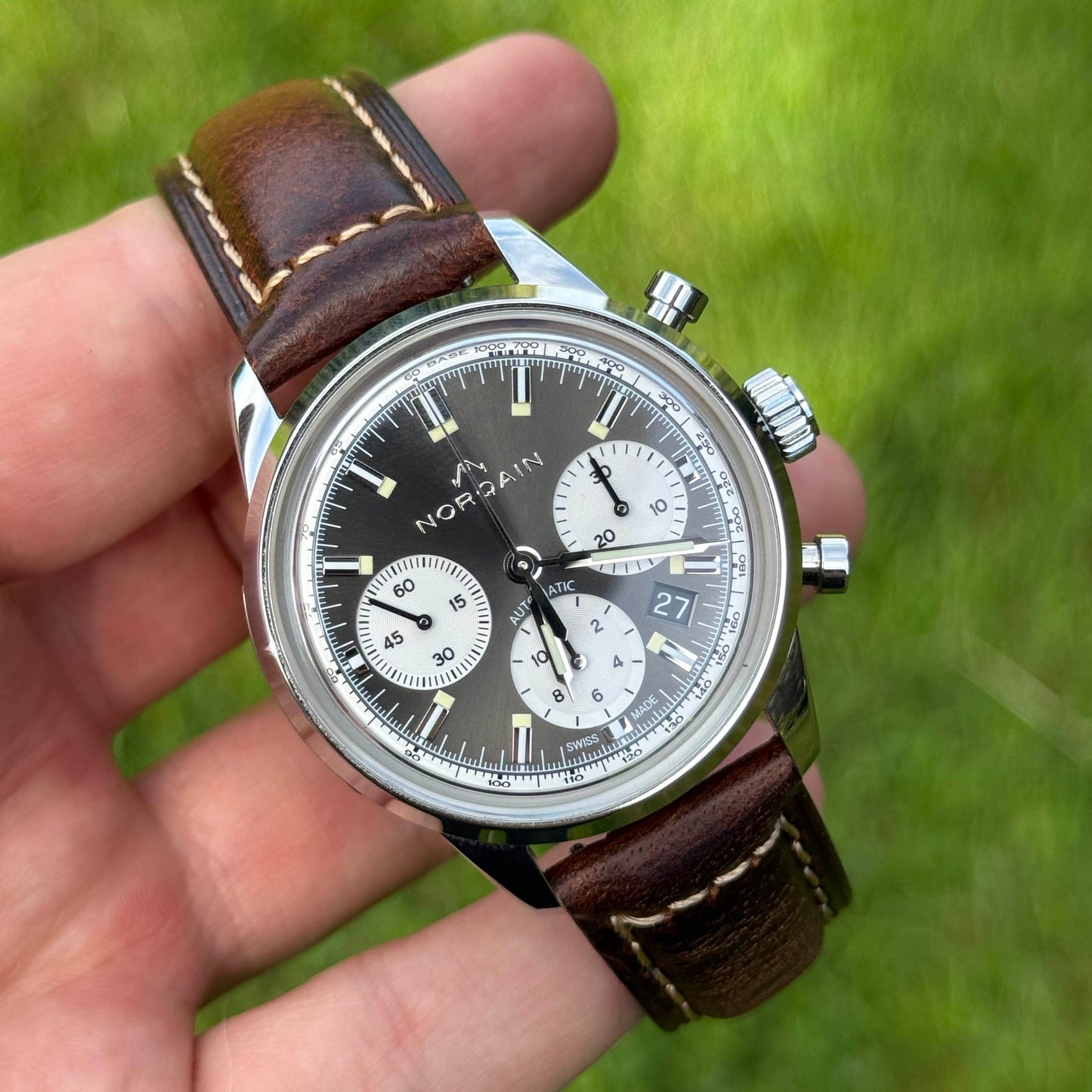 Wrist shot of the Berlin tobacco brown full grain leather watch strap. 18mm, 19mm, 20mm, 21mm, 22mm, 24mm. Watch And Strap.