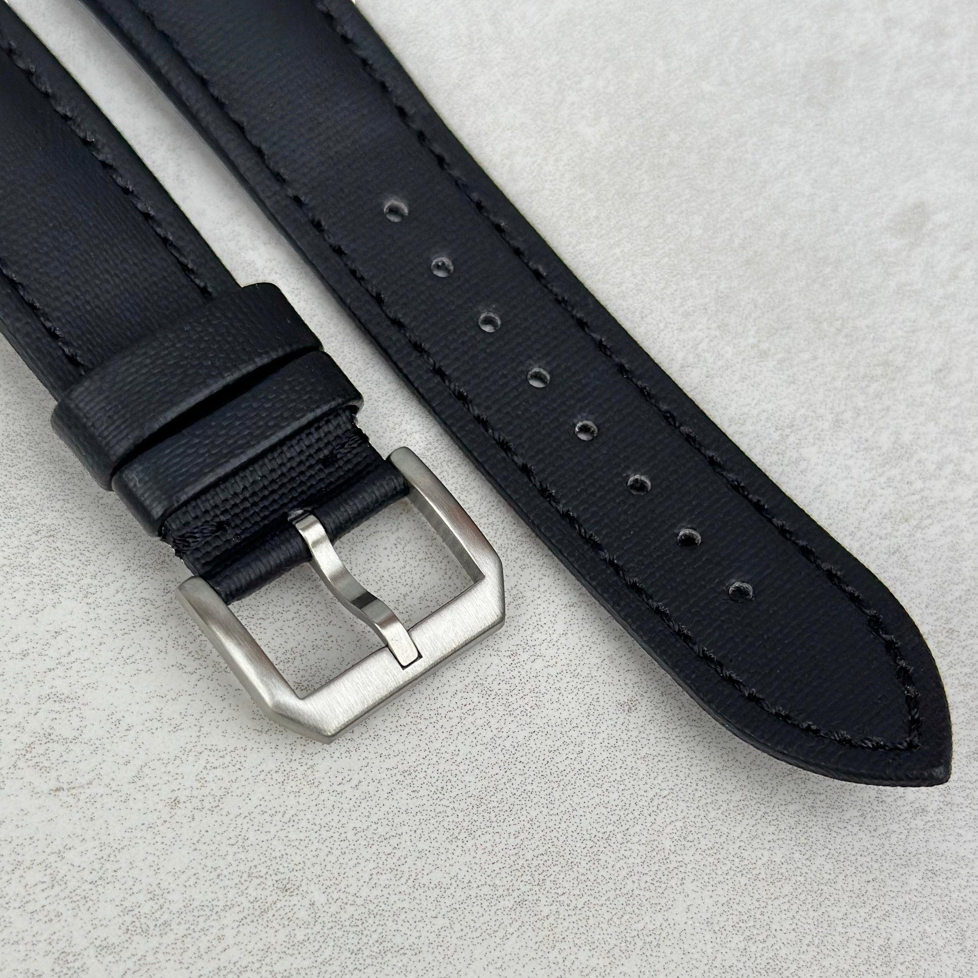 Brushed 316L stainless steel buckle on the Bermuda black sail cloth watch strap. Watch And Strap