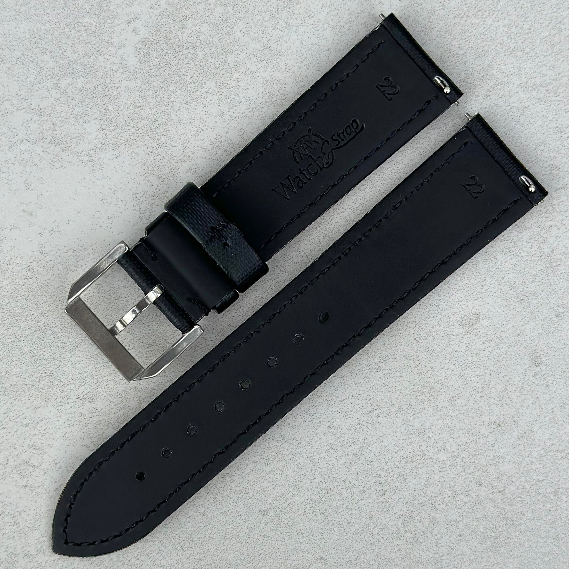 Rear of the Bermuda jet black sail cloth watch strap. Quick release pins. Watch And Strap.