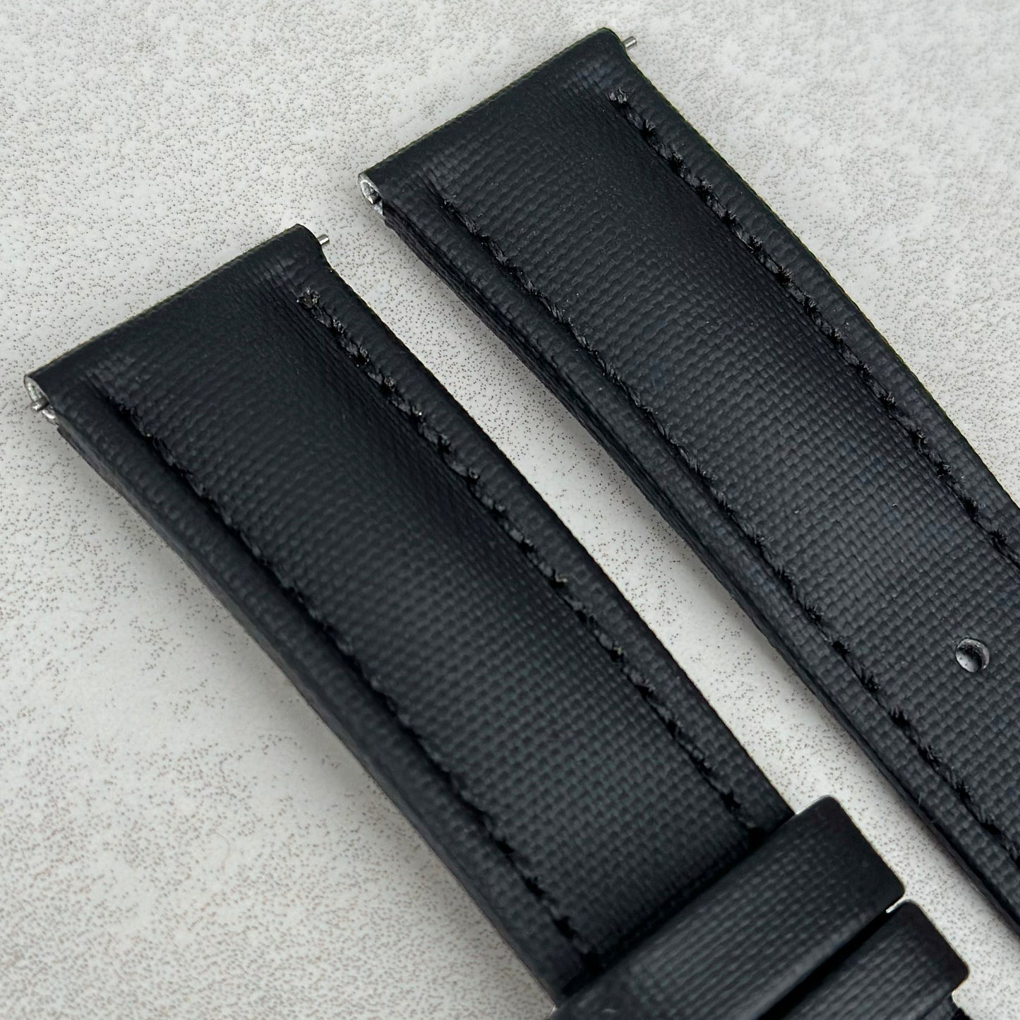 Top of the Bermuda jet black sail cloth watch strap. Padded sail cloth strap. Watch And Strap.