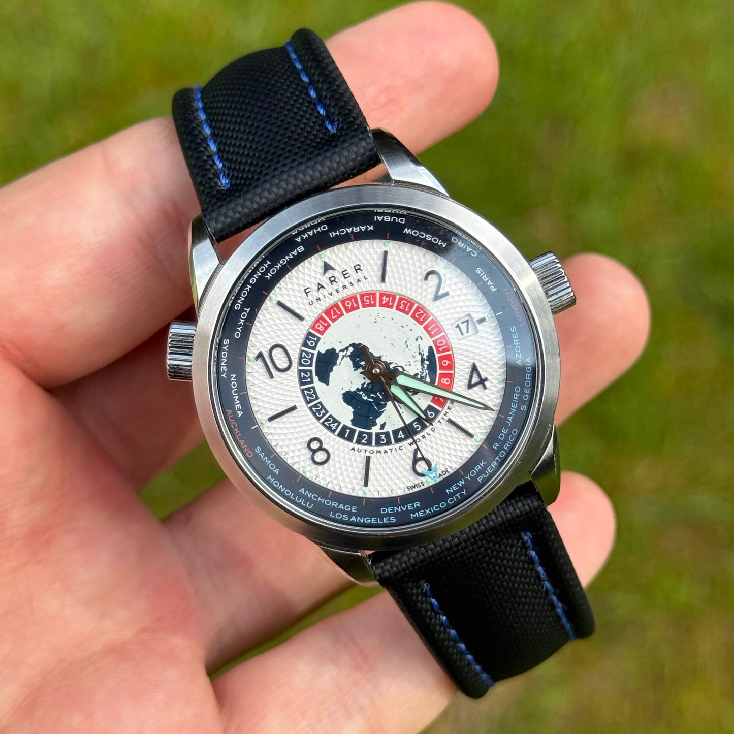 The Bermuda: Jet Black Sail Cloth Watch Strap With Contrast Blue Stitching