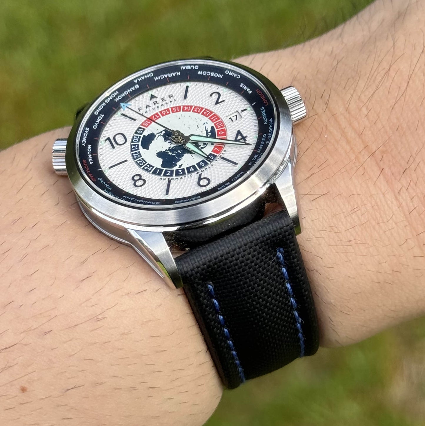 The Bermuda: Jet Black Sail Cloth Watch Strap With Contrast Blue Stitching