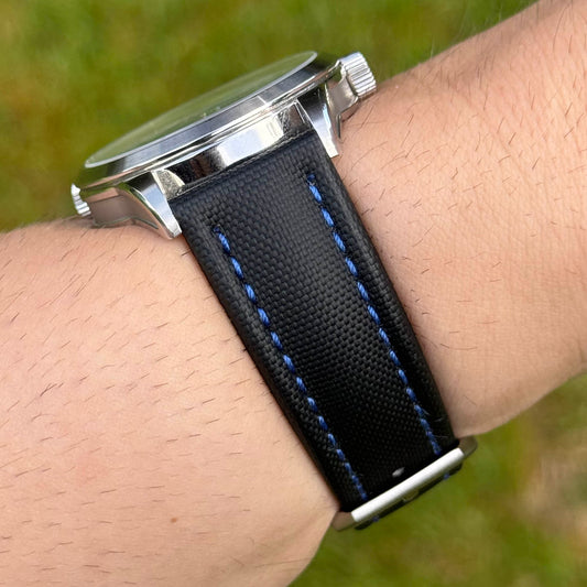 The Bermuda: Jet Black Sail Cloth Watch Strap With Contrast Blue Stitching