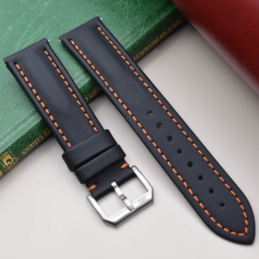 The Bermuda: Jet Black Sail Cloth Watch Strap With Contrast Orange Stitching