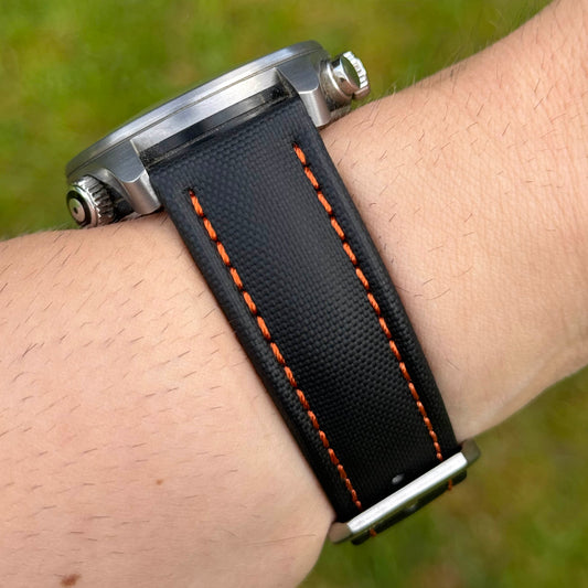 The Bermuda: Jet Black Sail Cloth Watch Strap With Contrast Orange Stitching