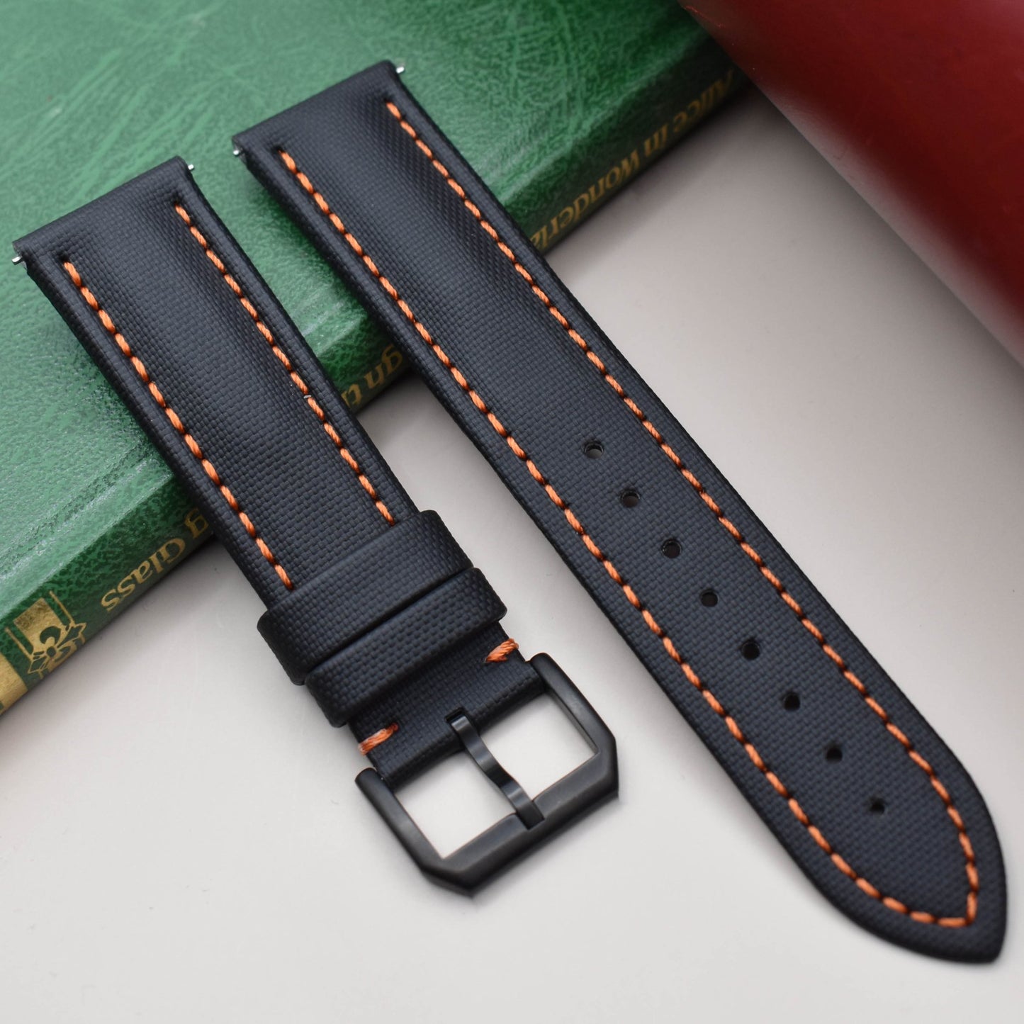 The Bermuda: Jet Black Sail Cloth Watch Strap With Contrast Orange Stitching