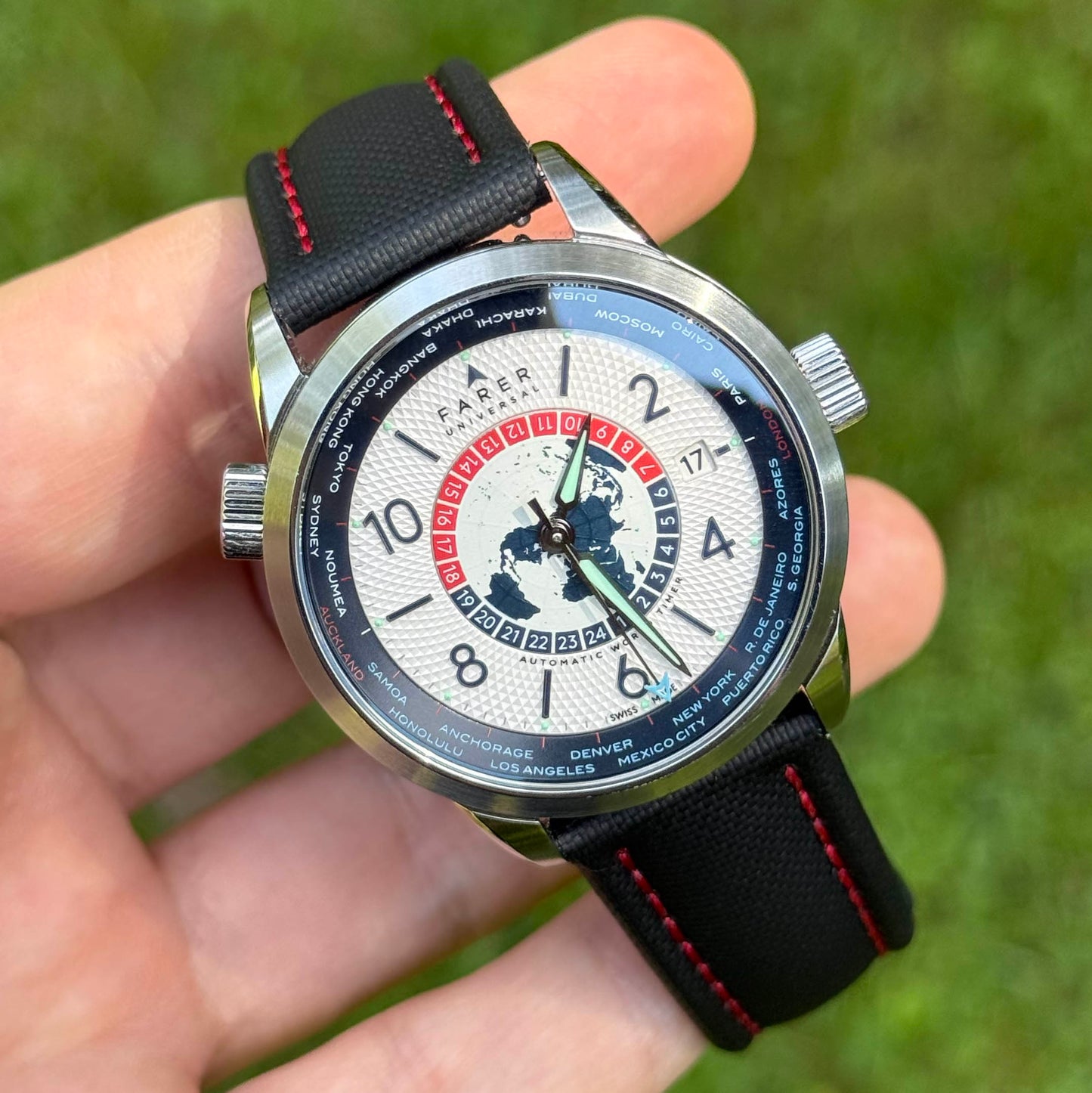 The Bermuda: Jet Black Sail Cloth Watch Strap With Contrast Red Stitching