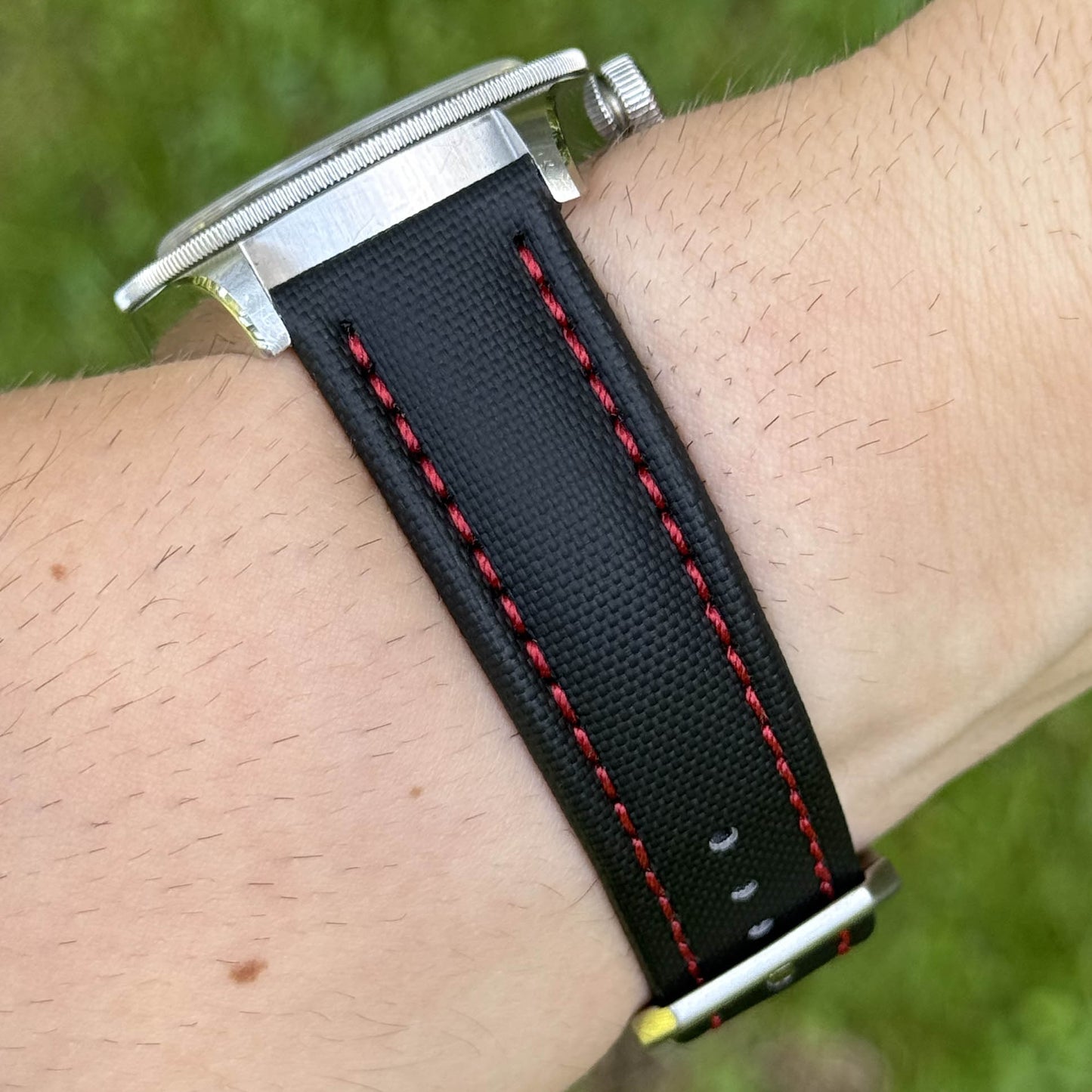 The Bermuda: Jet Black Sail Cloth Watch Strap With Contrast Red Stitching