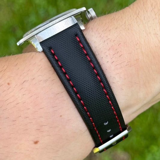 The Bermuda: Jet Black Sail Cloth Watch Strap With Contrast Red Stitching