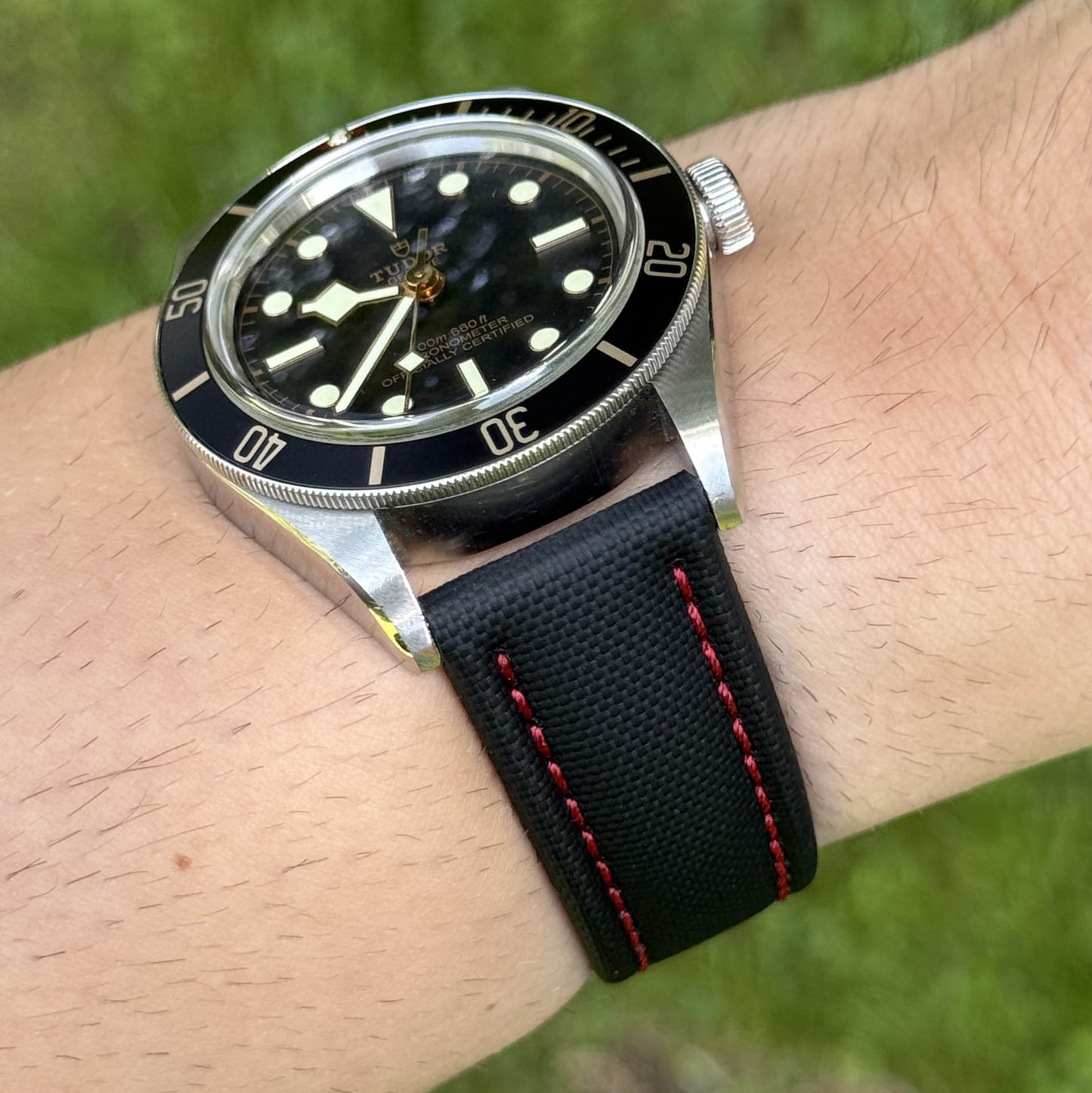 The Bermuda: Jet Black Sail Cloth Watch Strap With Contrast Red Stitching