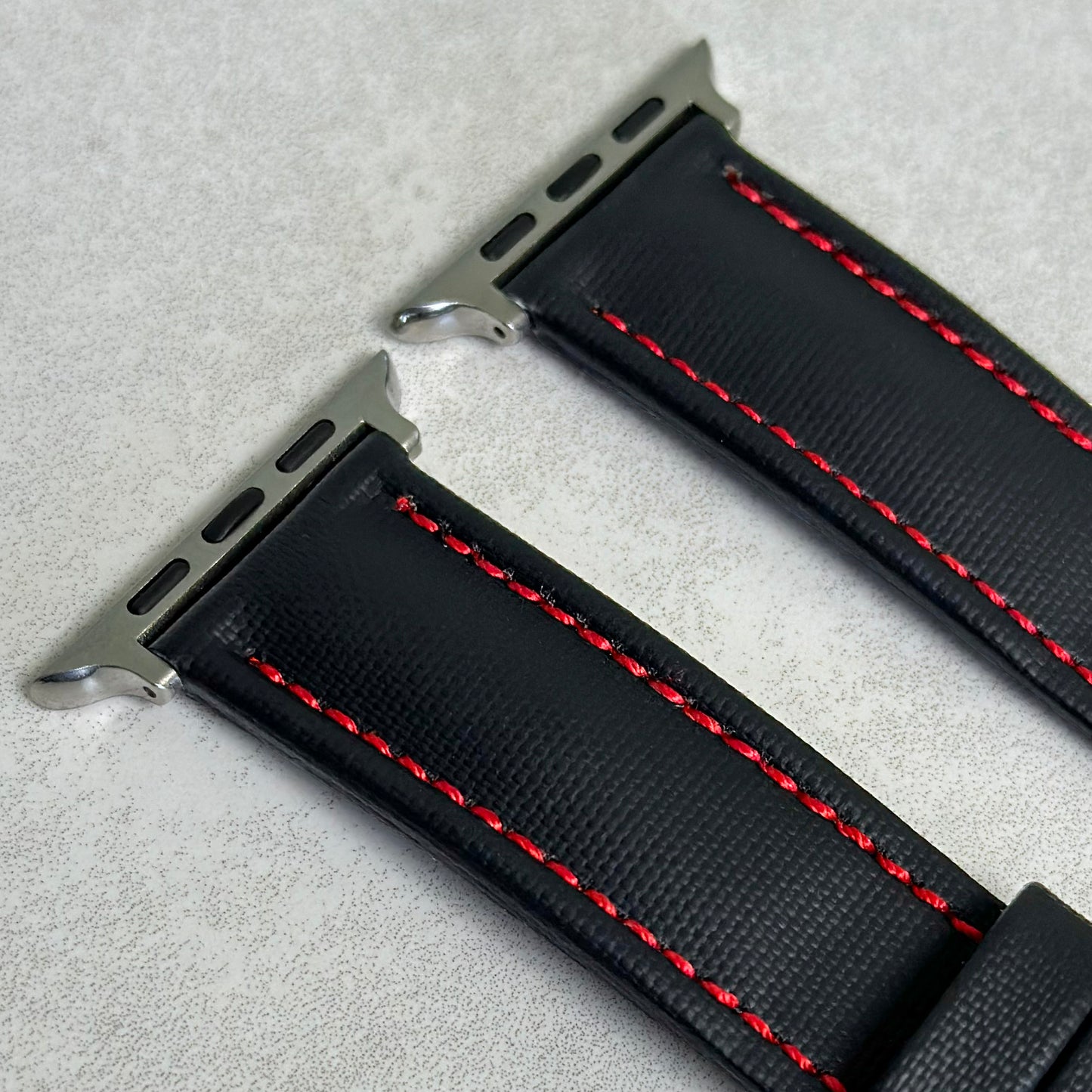 The Bermuda: Jet Black Sail Cloth Apple Watch Strap With Contrast Red Stitching