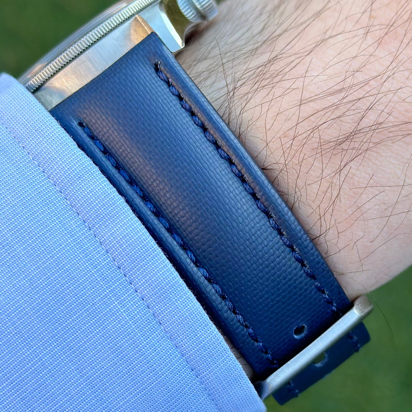 Wrist shot of the Bermuda navy blue sail cloth watch strap on the Tudor Blackbay 58. Padded strap. Watch And Strap