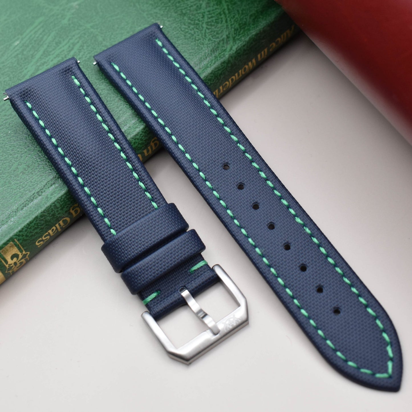 The Bermuda: Navy Blue Sail Cloth Watch Strap With Contrast Green Stitching