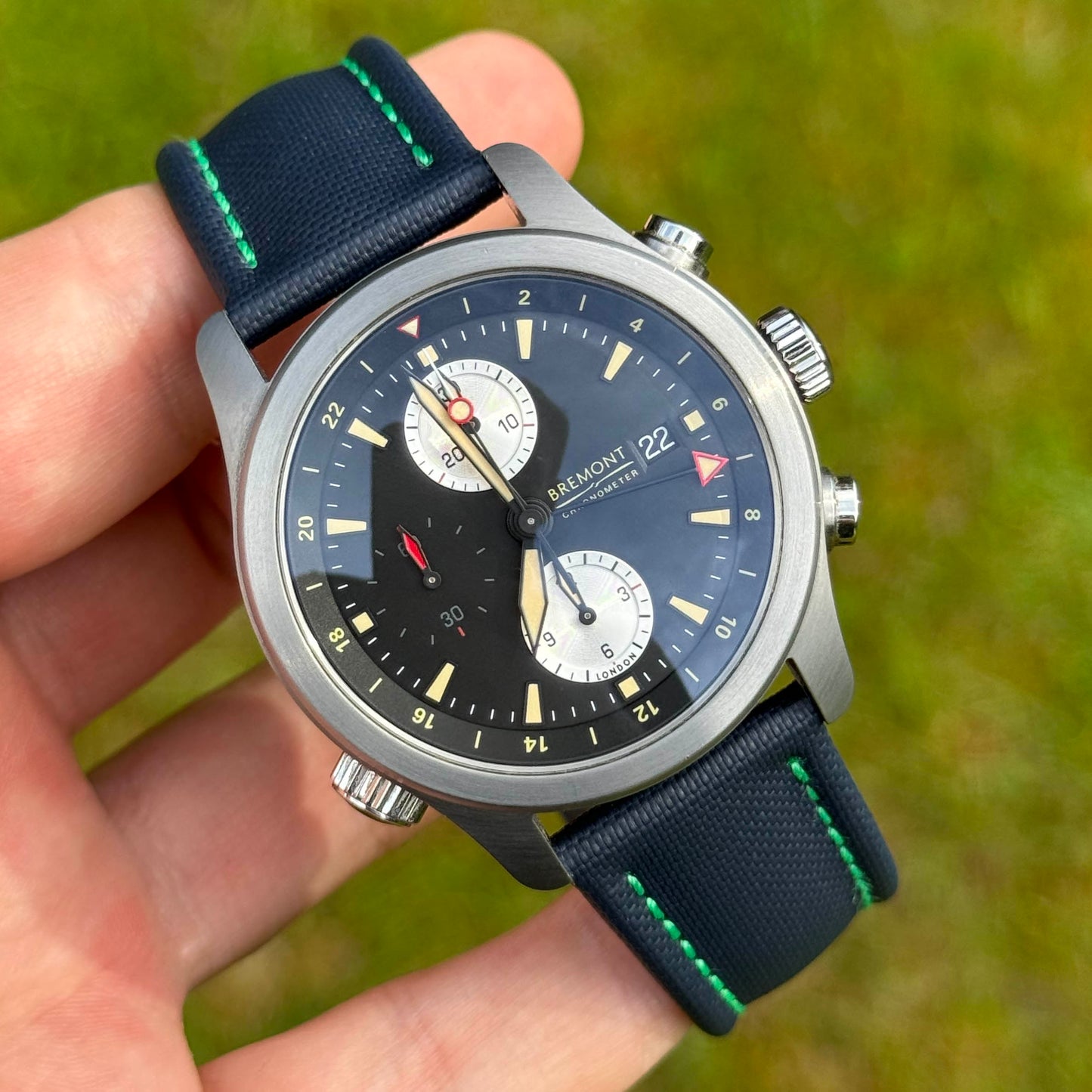 The Bermuda: Navy Blue Sail Cloth Watch Strap With Contrast Green Stitching