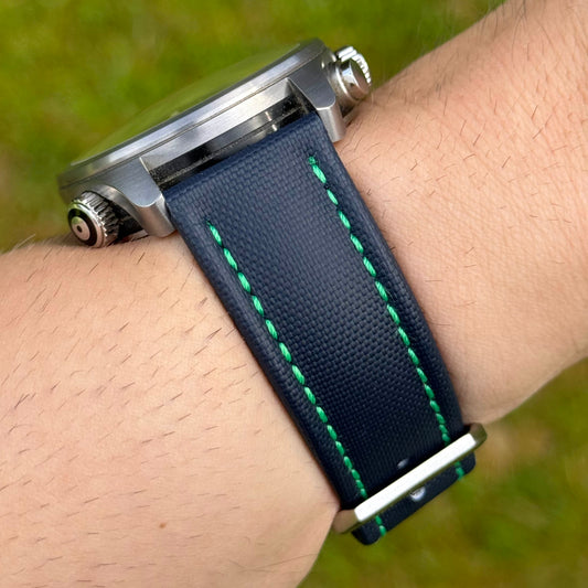 The Bermuda: Navy Blue Sail Cloth Watch Strap With Contrast Green Stitching