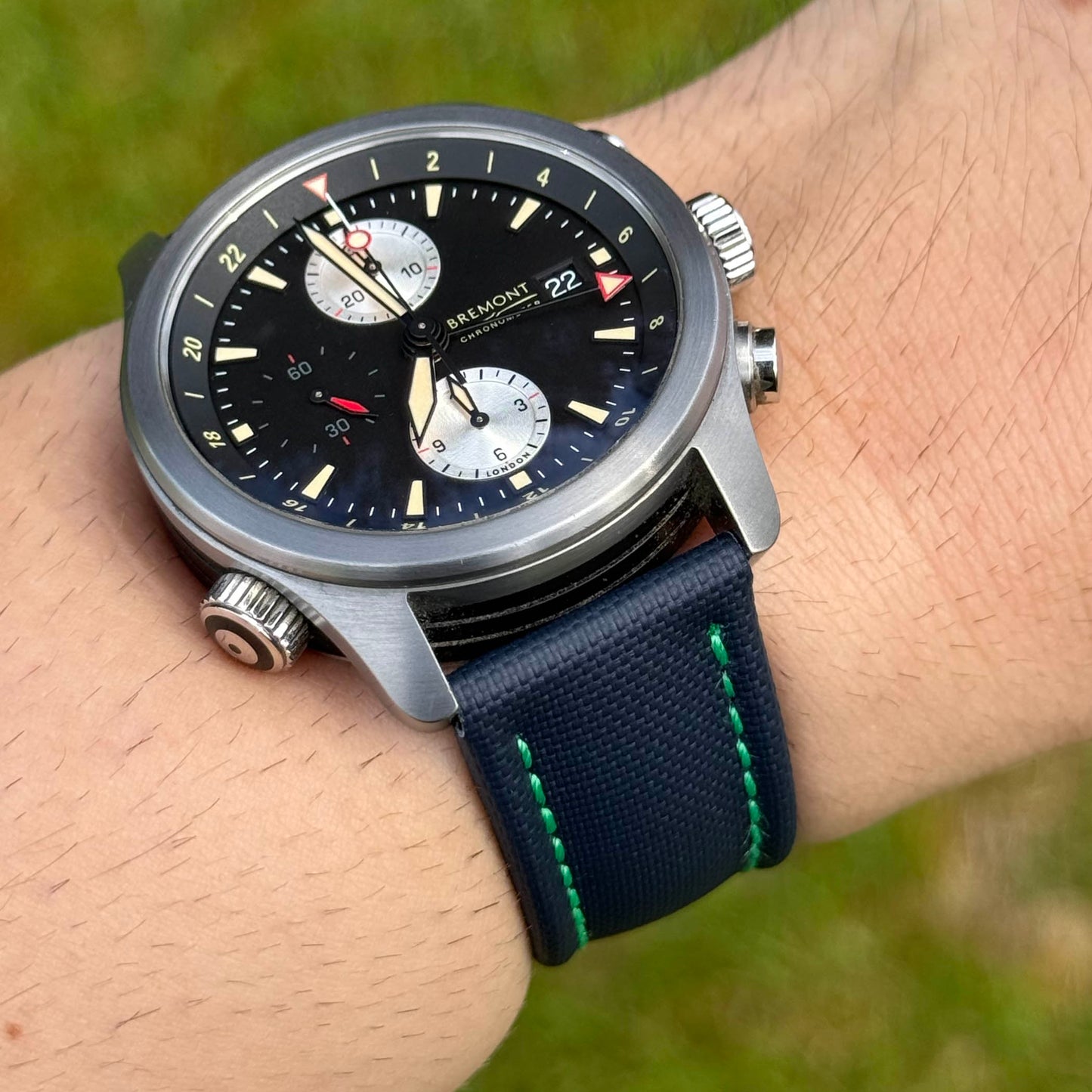 The Bermuda: Navy Blue Sail Cloth Watch Strap With Contrast Green Stitching