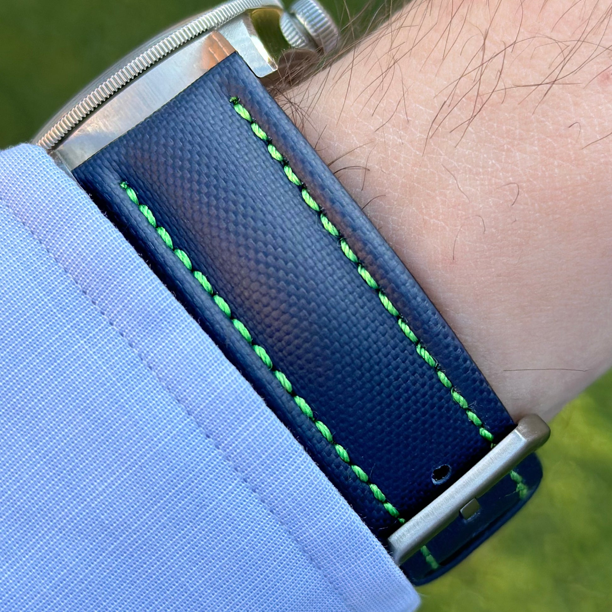 Bermuda navy blue sail cloth watch strap with contrast green stitching. On the Tudor Blackbay 58. Watch And Strap.