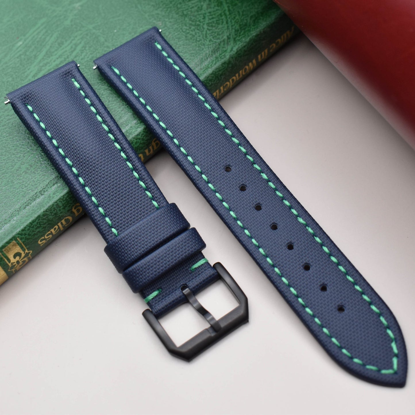 The Bermuda: Navy Blue Sail Cloth Watch Strap With Contrast Green Stitching