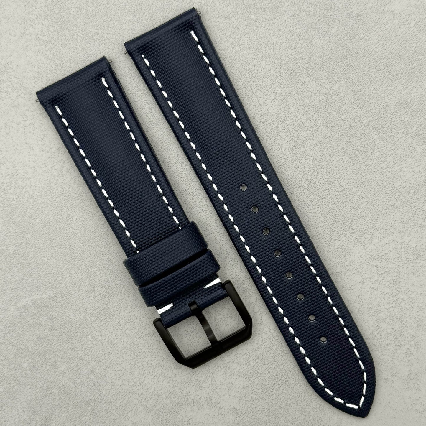 The Bermuda: Navy Blue Sail Cloth Watch Strap With Contrast White Stitching