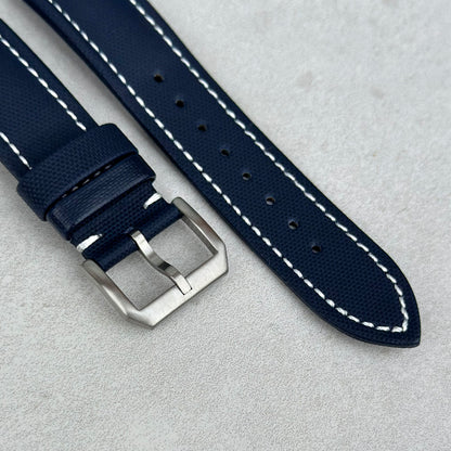 Brushed 316L stainless steel buckle on the Bermuda navy blue sail cloth watch strap with white stitching. Watch And Strap