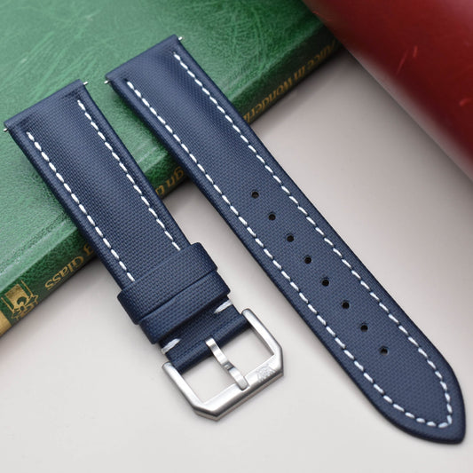 The Bermuda: Navy Blue Sail Cloth Watch Strap With Contrast White Stitching