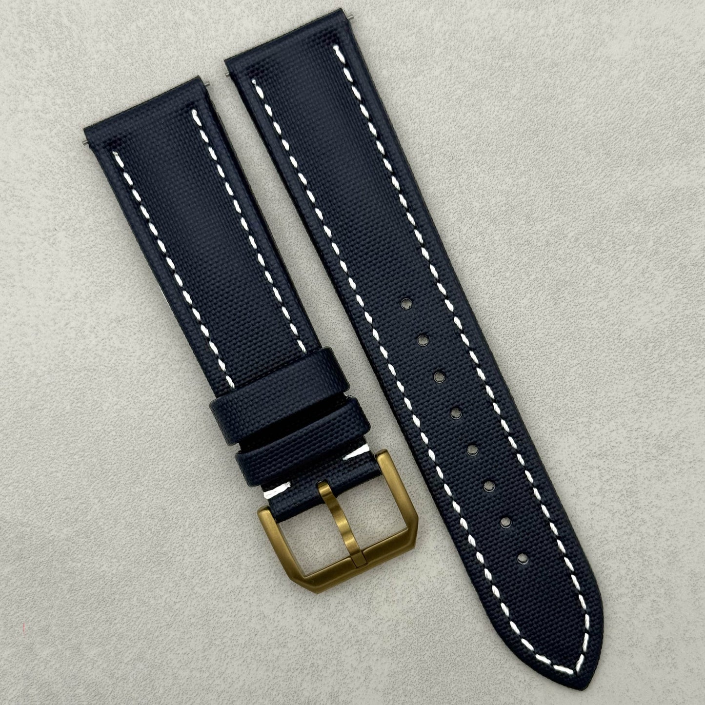The Bermuda: Navy Blue Sail Cloth Watch Strap With Contrast White Stitching