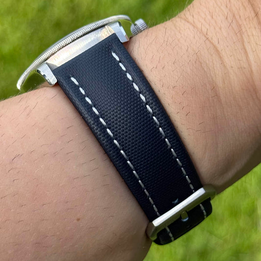 The Bermuda: Navy Blue Sail Cloth Watch Strap With Contrast White Stitching