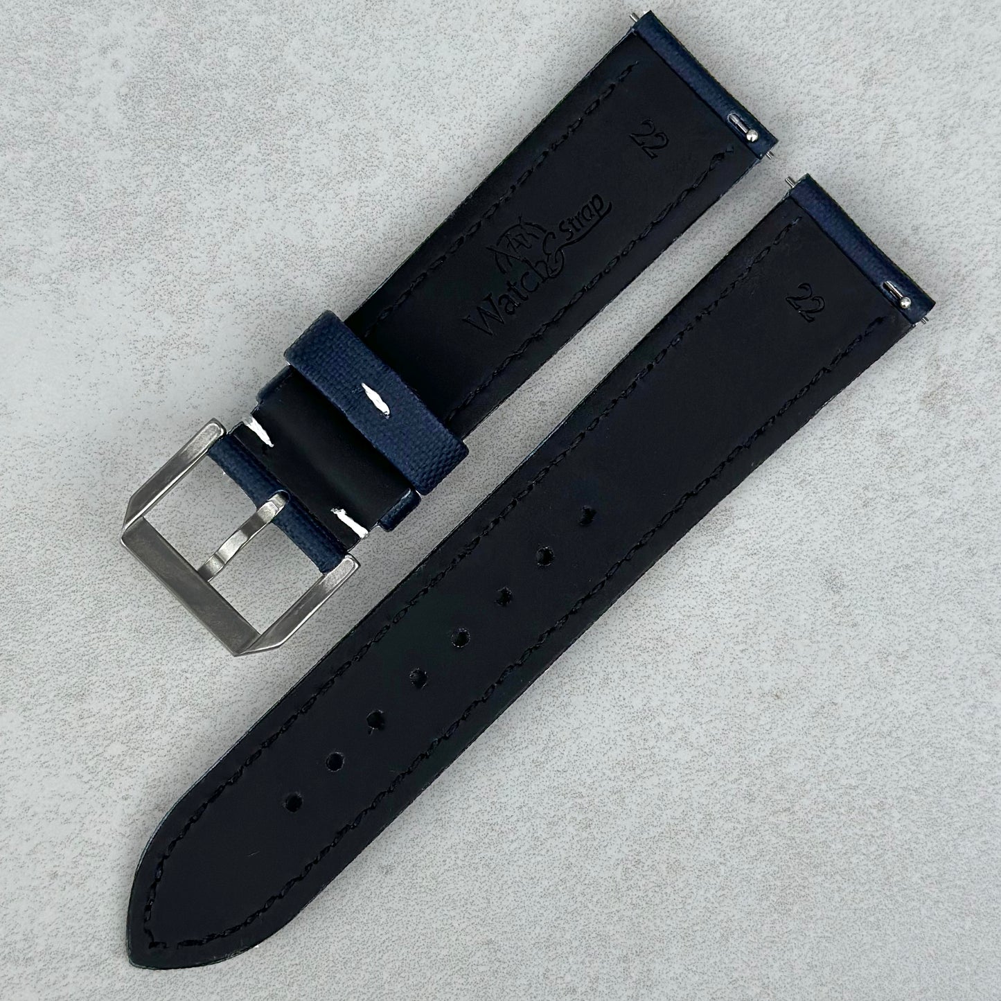 Rear of the Bermuda navy blue and white sail cloth watch strap. Quick release pins. Watch And Strap