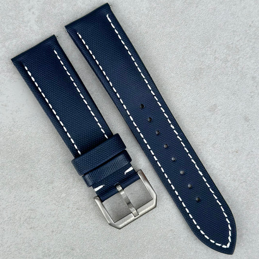 Bermuda navy blue sail cloth watch strap with white stitching. 20mm, 22mm. Padded sail cloth strap. Watch And Strap.