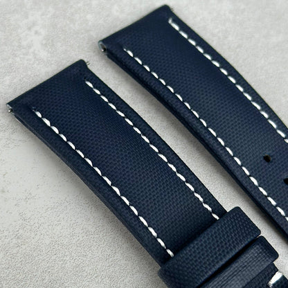 Top of the Bermuda navy blue sail cloth watch strap with white stitching. Padded sail cloth strap. Watch And Strap
