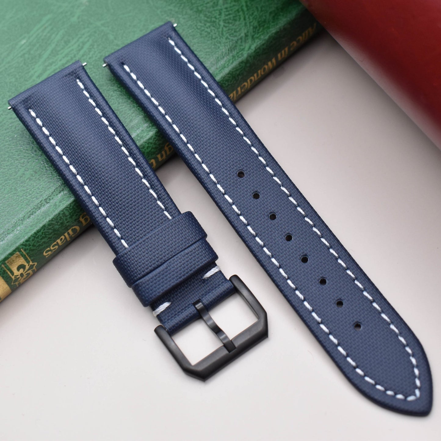 The Bermuda: Navy Blue Sail Cloth Watch Strap With Contrast White Stitching