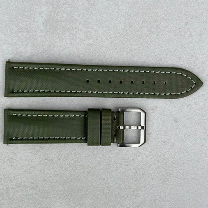 The Bermuda: Khaki Green Sail Cloth Watch Strap With Contrast Grey Stitching