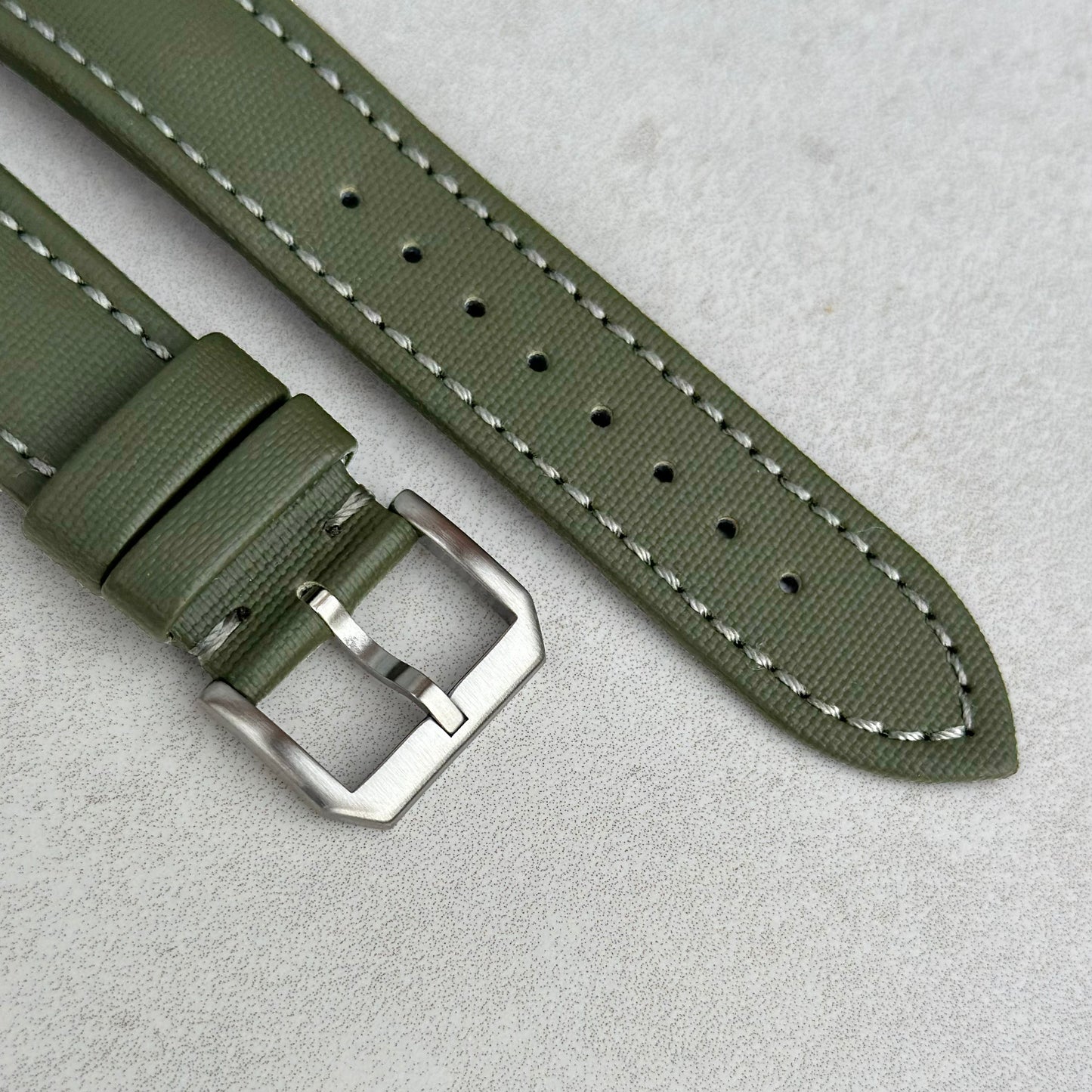 The Bermuda: Khaki Green Sail Cloth Watch Strap With Contrast Grey Stitching