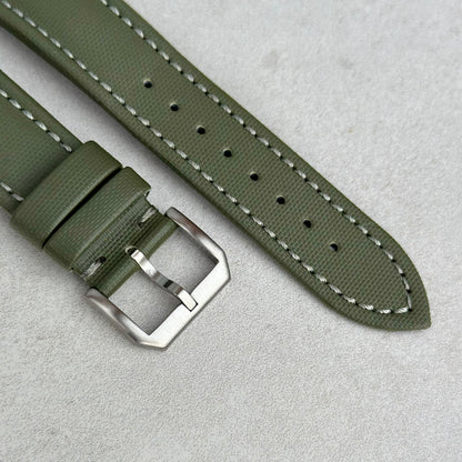 The Bermuda: Khaki Green Sail Cloth Watch Strap With Contrast Grey Stitching