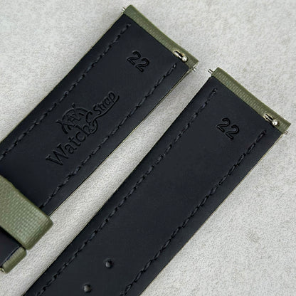 The Bermuda: Khaki Green Sail Cloth Watch Strap With Contrast Grey Stitching